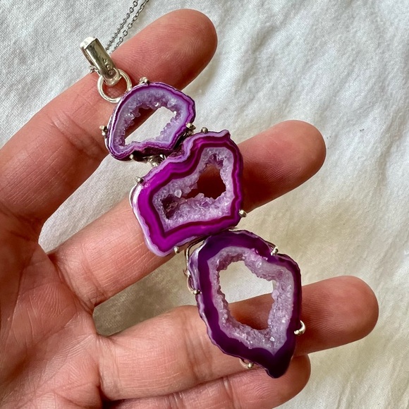 925 Triple Pink Micro Crystal Window Quartz Necklace Pendant - Picture 3 of 10